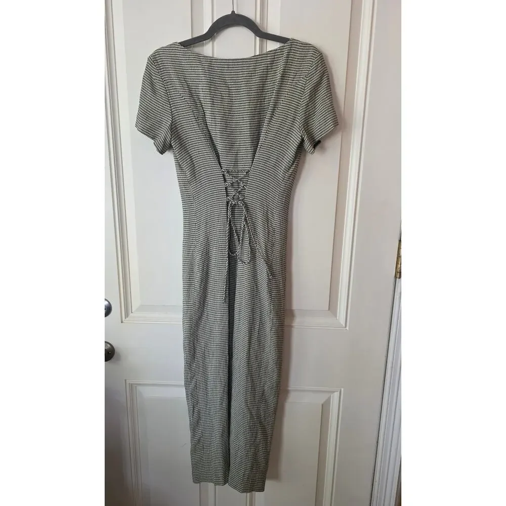 Vintage Ann Taylor Houndstooth Midi Dress Size 6 Black White Button Front 90s - Picture 6 of 7
